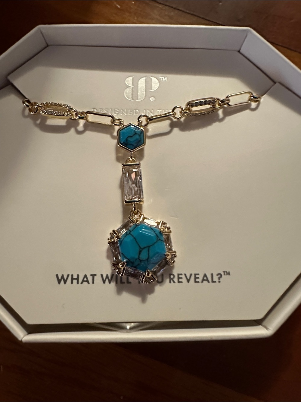 Gold-Tone Necklace with Turquoise Hex and Clear Accent by bp